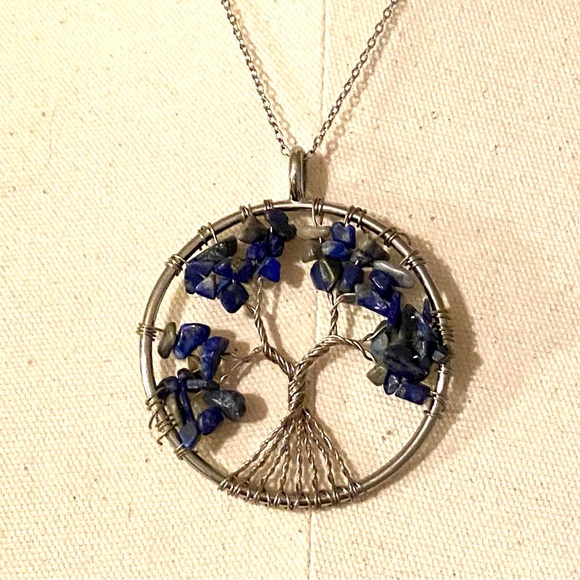 TREE OF LIFE LAPIS LAZULI BLUE SILVER PENDANT NECKLACE BRAND NEW CHAKRA NECKLACE - Picture 1 of 12